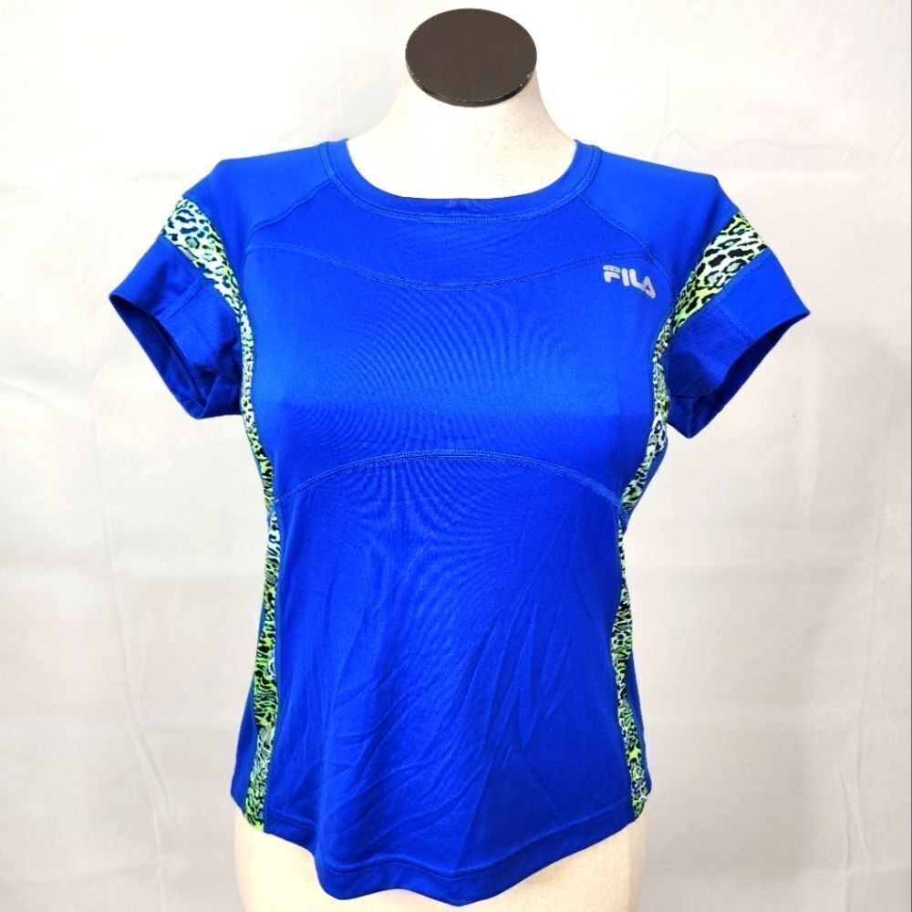 3/$25 Fila Running Blue Green Cheetah Print Short Sleeve V-Neck Top Sz L